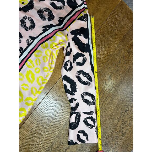Luisa Cerano 100% Silk Blouse Yellow Pink Stripe Black Lip Design Sz 14 Mob Wife - Picture 8 of 11